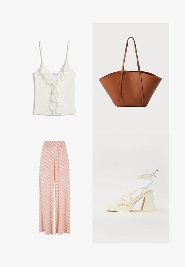Bela bezrukavna majica s V-izrezom, s naglašenim volanima duž središnjeg dijela. Izrađena od mekog, teksturiranog materijala.; Svijetlo ružičaste hlače širokih nogavica s kariranim uzorkom u izmjeničnim nijansama, s elastičnom gumom za udobno nošenje.; Bijela sandala na visokoj potpetici s debelim petom, s remenom i vezanjem oko gležnja. Glatka tekstura s platformom sprijeda za dodatnu visinu.; Smeđa kožna torba za nošenje s širokim, strukturiranim oblikom, tankim ručkama i teksturiranom površinom. Ima minimalistički dizajn bez vidljivih dijelova metalne opreme.