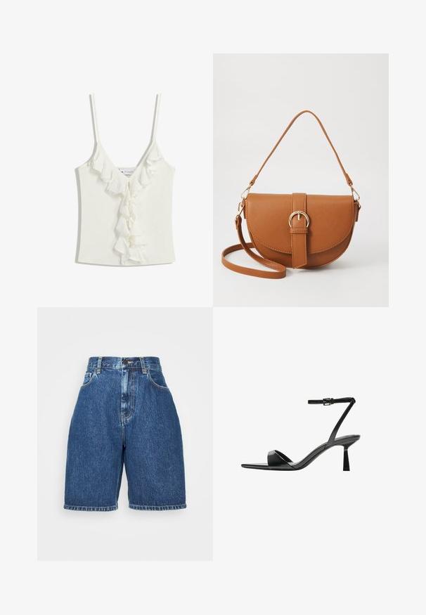 Weißes ärmelloses Oberteil mit V-Ausschnitt, das in der Mitte mit Rüschendetails verziert ist. Hergestellt aus einem weichen, strukturierten Stoff.; Jeans-Shorts mit hoher Taille in dunkelblauer Farbe. Classic Five-Pocket-Stil, gerader Schnitt und umgeschlagener Saum. Aus Baumwollmaterial.; Bershka High Heel Sandalette - black; Braune Leder-Crossbody-Tasche mit geschwungener Form, goldfarbenen Beschlägen und einer Schnallenakzentuierung. Verfügt über einen abnehmbaren Schultergurt.