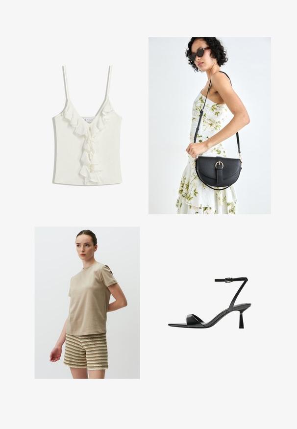 Haut sans manches blanc avec un décolleté en V, présentant des accents froncés au centre. Fait en tissu doux et texturé.; T-shirt en coton beige à manches courtes, associée à un short texturé avec des rayures alternées de crème et de marron clair.; Bershka Sandales à talons hauts - black; Sac à main en cuir noir avec une forme courbée, bandoulière amovible et des accessoires en or. Le sac est doté d'un rabat avec un détail de boucle.