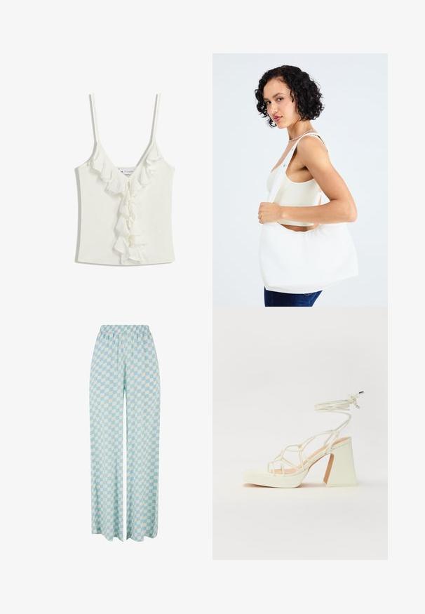 White sleeveless top with a V-neckline, featuring ruffled accents down the center. Made from a soft, textured fabric.; Light blue wide-leg pants featuring a checkered pattern in alternating shades, with an elastic waistband for comfort.; White high-heeled sandal with a chunky heel, featuring a strappy design and ankle tie. Smooth texture with a platform front for added height.; White shoulder bag made of smooth material, featuring an oval cutout and wide strap design. Simple and modern with no visible hardware.