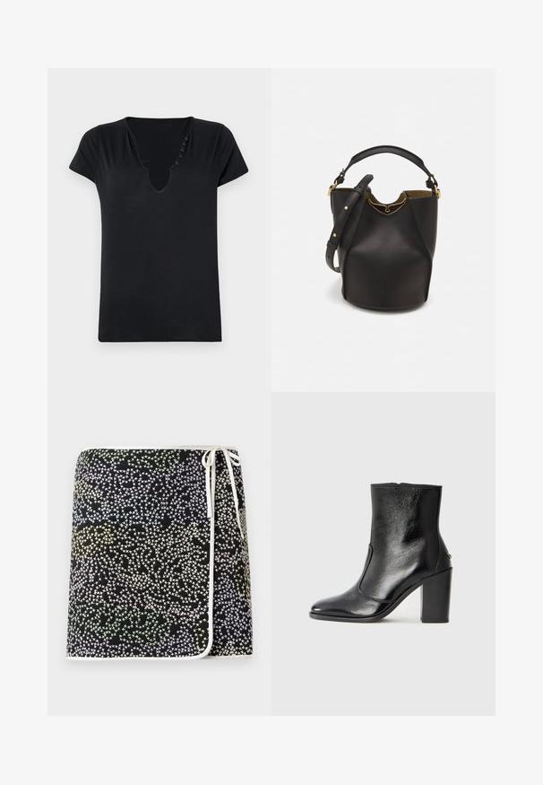 Fekete rövid ujjú póló mély V-nyakkal és öt díszítő gombbal a nyakvonal mentén. Simaszerkezetű anyag, laza szabású.; Fekete, átkötős szoknya, amely multszínű csillagmintával rendelkezik, pasztell sárga, zöld és kék árnyalatokban, fehér díszítéssel és kötővel.; Fekete bőr bokacipő sima textúrával, hegyes orral és vastag, magas sarkával. Oldalnyílással és minimalista dizájnnal rendelkezik.; Fekete bőr vödör táska texturált felülettel, arany hardware részletekkel és nyitott tetejével. Rövid fogantyúval és állítható vállpánttal rendelkezik.
