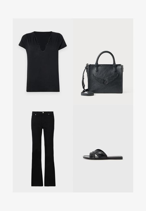 T-shirt noir à manches courtes avec un décolleté en V profond et cinq boutons décoratifs le long de l'encolure. Tissu lisse avec une coupe décontractée.; Jean évasé noir en denim, avec deux poches avant, une fermeture à bouton et une texture lisse. Couture signature visible aux coutures.; Sandales noires à glissière avec une finition en cuir lisse, présentant des lanières croisées et des découpes, ainsi qu'une semelle plate et flexible.; Sac à main en cuir noir avec un accent en forme d'aile. Il dispose de deux poignées arrondies et d'une bandoulière amovible. Surface texturée. Forme compacte.