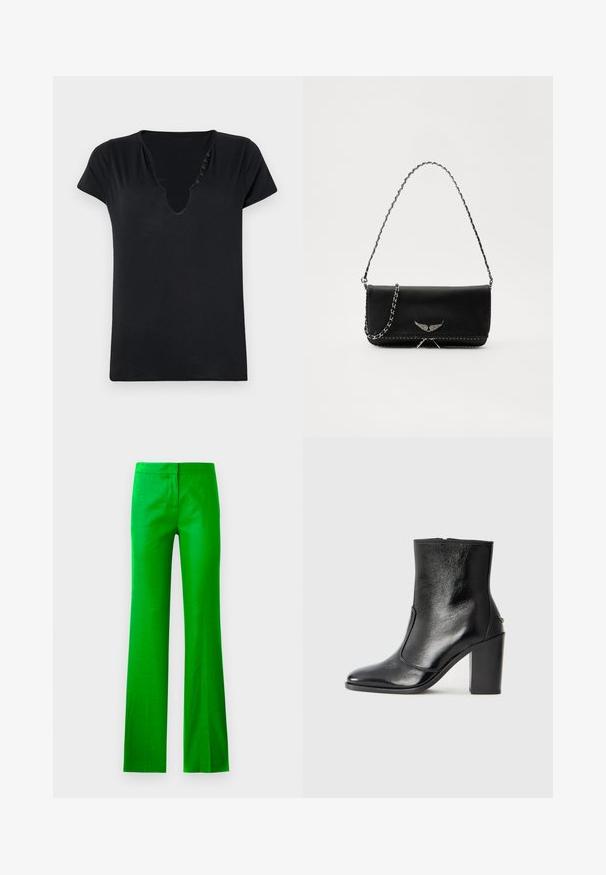 Melnā īsām piedurknēm t-krekls ar dziļu V veida kakla izgriezumu un pieciem dekoratīviem pogām gar izgriezumu. Gluds audums ar brīvu piegriezumu.; Spoži zaļi, plati bikses, izgatavotas no gludas auduma, ar platu priekšpusi un bez redzamām kabatām. Tīrs, minimālisma dizains.; Melnas ādas potīšu zābaki ar gludu tekstūru, smailu purngalu un masīlu augstu papēdi. Iekļauts sānu atvērums un minimālistisks dizains.; Melnas ādas rokassomā ar sudraba ķēdes siksnu, kurai ir dekoratīvi spārnu akcenti un baltā šuvēšana apakšējā šuvē.