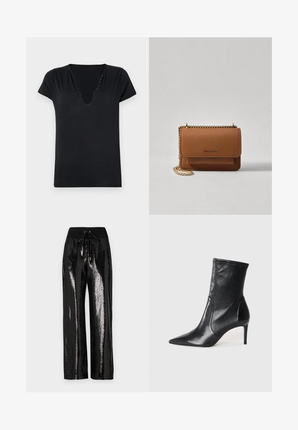 T-shirt noir à manches courtes avec un décolleté en V profond et cinq boutons décoratifs le long de l'encolure. Tissu lisse avec une coupe décontractée.; Pantalons en sequins noirs avec une coupe large et une taille élastique dotée d'un cordon de serrage. Le tissu a une texture réfléchissante et brillante.; Bottes noires à la cheville en cuir lisse, dotées d'un bout pointu, d'un tige ajustée et d'un talon haut fin. Design minimaliste sans quincaillerie visible.; Sac en cuir texturé marron en bandoulière avec une sangle en chaîne dorée et une fermeture à rabat. L'avant présente un détail de logo et une poche sous le rabat.