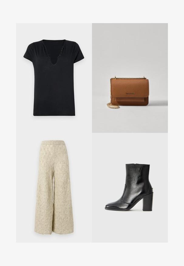 Black short-sleeve t-shirt with a deep V-neck and five decorative buttons along the neckline. Smooth fabric with a relaxed fit.; Wide-leg pants in a light beige, knitted texture with a wavy pattern. Features an elastic waistband for comfort and a loose fit.; Black leather ankle boot with a smooth texture, pointed toe, and a chunky high heel. Features a side opening and minimalistic design.; Brown textured leather crossbody bag with gold chain strap and flap closure. Front features logo detail and a pocket under the flap.