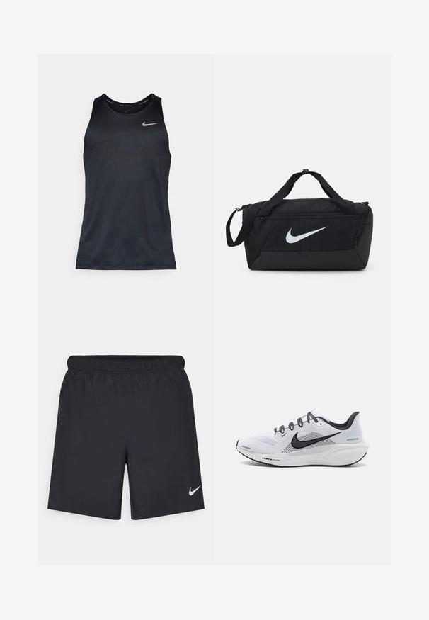 Svart Nike tanktop laget av lett, glatt stoff. Rund hals og ermeløs design med et subtilt teksturert mønster og logo.; Svart sportskjørt laget av lett materiale med elastisk linning. Har en liten hvit Nike-logo nederst til venstre.; Hvit nettverks løpesko med svarte detaljer, med polstret mellomsåle, teksturert såle, og reflekterende lisser for bedre synlighet.; Svart duffelbag med en stor hvit Nike-logo, laget av slitesterkt stoff, med dobbelthåndtak og justerbar skulderrem.