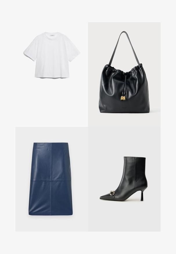 T-shirt en coton blanc avec des manches courtes, un col rond, une coupe décontractée, et sans motifs ni graphiques visibles. Texture lisse et design simple.; Jupe crayon en cuir bleu marine avec une texture lisse et brillante, présentant un design simple et épuré avec une coupe droite. Pas de quincaillerie visible.; Bottine en cuir noir avec un bout pointu, un talon moyen fin et un détail de boucle en argent sur le côté, se détachant sur un fond uni.; Sac en cuir noir avec cordon de serrage, texture lisse, partie supérieure froncée et matériel doré discret. Dispose d'une seule sangle robuste et d'un logo embossé.