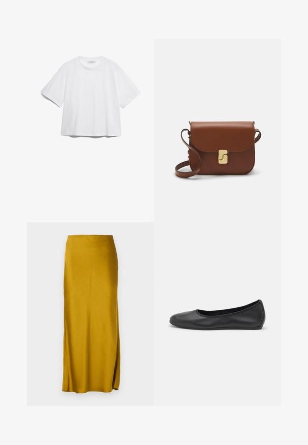 Hvid bomulds t-shirt med korte ærmer, rund halsudskæring, afslappet pasform og ingen synlige mønstre eller grafik. Glat tekstur og enkelt design.; Sennepsgul maxiskirt i glat stof med en lige silhuet. Har en sideslids og en elastisk talje.; Sort læderballetsko med rund tå, glat tekstur, minimal syning og et fleksibelt såldesign.; Brun læder håndtaske med flaplukning, hardware i gyldent tone, en skulderrem og en glat overflade. Kompakt rektangulær form.