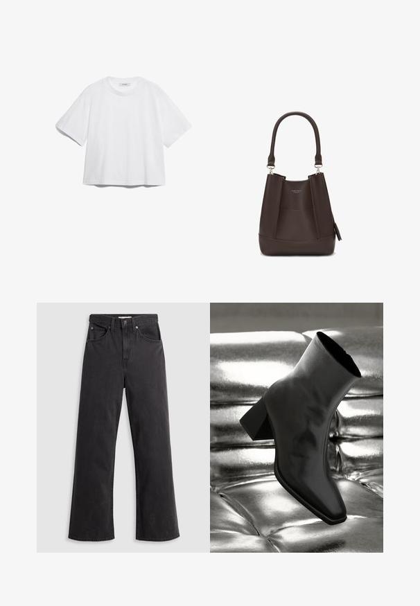 Biały bawełniany t-shirt z krótkimi rękawami, okrągłym dekoltem, luźnym krojem oraz bez widocznych wzorów czy grafik. Gładka tekstura i prosty design.; Czarne dżinsy o szerokich nogawkach z wysokim stanem, pięcioma kieszeniami i metalowym zapięciem. Tkanina ma gładką, lekko przetartą teksturę.; Czarne botki za kostkę wykonane z błyszczącego materiału, z kwadratowym noskiem i zwężającym się obcasem, na tle błyszczącego srebrnego tapicerowanego tła.; Carlheim ADALINE brązowy