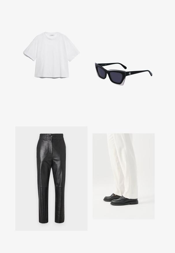 Witte katoenen T-shirt met korte mouwen, ronde halslijn, losse pasvorm en geen zichtbare patronen of afbeeldingen. Effen textuur en eenvoudig ontwerp.; Zwarte leren broek met een gepolijste afwerking, een taaie pasvorm, recht gesneden pijpen en subtiele naden. Geen zichtbare hardware of accenten.; Zwarte leren loafers met een gladde textuur, steekdetails en een ronde neus, gecombineerd met witte, op maat gemaakte broeken.; Zwarte oversized zonnebril met een geometrische vorm, voorzien van donkere glazen en een contrasterend grijs detail op het montuur. Logo op de arm.