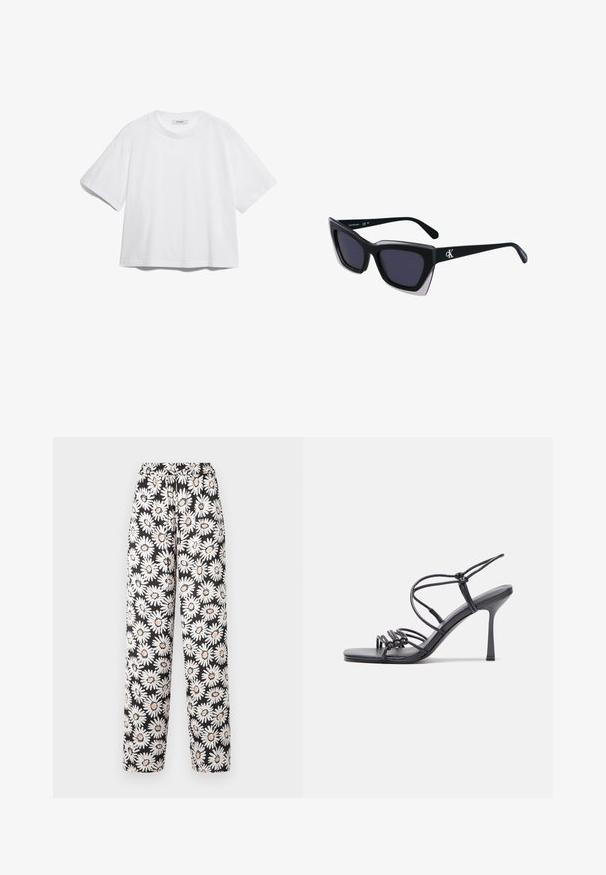 Biały bawełniany t-shirt z krótkimi rękawami, okrągłym dekoltem, luźnym krojem oraz bez widocznych wzorów czy grafik. Gładka tekstura i prosty design.; Czarne spodnie z elastycznym pasem, ozdobione białym i pomarańczowym wzorem stokrotek, wykonane z lekkiego materiału o gładkiej fakturze.; Czarne sandały na wysokim obcasie mają cienkie paski z węzłowym wzorem, gładki, kwadratowy czubek i smukły obcas w stylu szpilki.; Czarne, oversize okulary przeciwsłoneczne o geometrycznym kształcie, z ciemnymi soczewkami i kontrastującym szarym detalem na oprawie. Logo na ramieniu.; Srebrne kolczyki na biglu o gładkim, błyszczącym wykończeniu. O zaokrąglonym kształcie, lekkim designie, z zamknięciem na zatrzask.