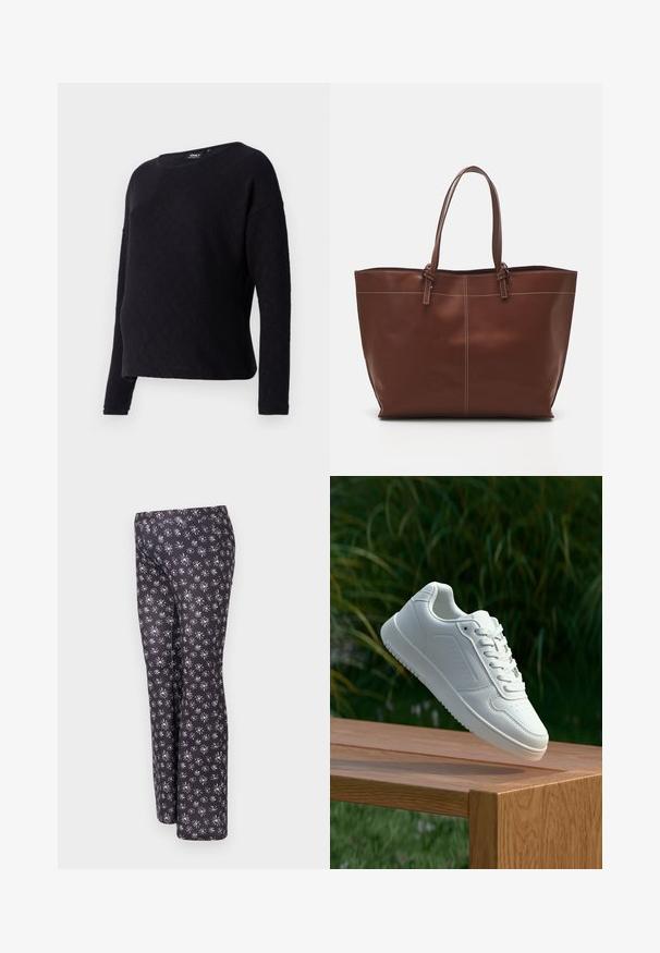 Black long-sleeve sweater with a diamond textured pattern, crew neckline, and loose fit. Fabric appears soft and slightly textured.; Black pants with a floral pattern featuring small white and purple flowers. Made from textured fabric, designed with a straight-leg cut.; White sneaker with a smooth synthetic upper, perforated toe box, flat laces, and a textured sole, displayed on a wooden surface.; Brown leather tote bag with double handles, features contrast stitching and a spacious design, suitable for everyday use.