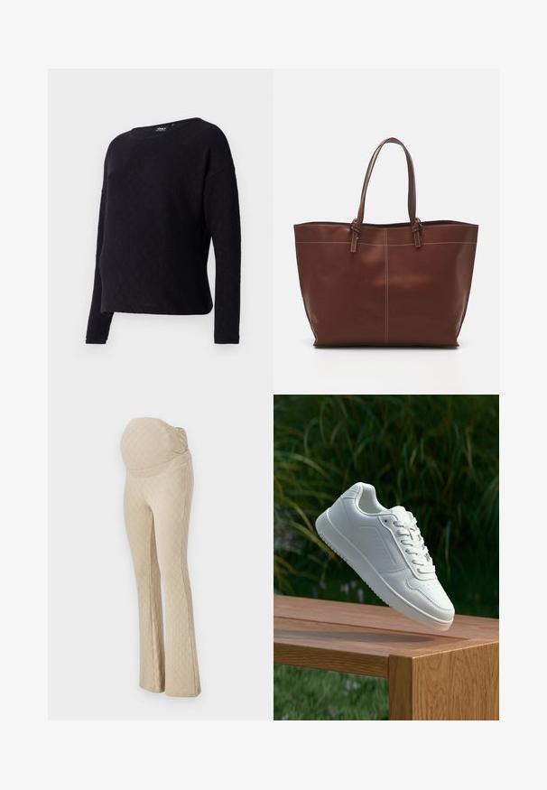 Black long-sleeve sweater with a diamond textured pattern, crew neckline, and loose fit. Fabric appears soft and slightly textured.; Beige flared maternity pants with a textured diamond pattern, featuring a high, elastic waistband for belly support. Smooth fabric finish.; White sneaker with a smooth synthetic upper, perforated toe box, flat laces, and a textured sole, displayed on a wooden surface.; Brown leather tote bag with double handles, features contrast stitching and a spacious design, suitable for everyday use.