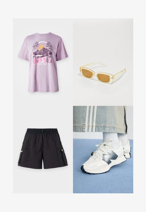 Lillā t-kreklu, kas izgatavots no kokvilnas, ar grafiku, kurā redzami kalni, saule un lapotne. Zīmola nosaukums "ROXY" ir izcili redzams rozā krāsā.; Melnas šortos ar elastīgu jostu, kas aprīkoti ar divām sānu kabatām ar atloka aizdari. Izgatavoti no viegla materiāla, nodrošinot funkcionālu dizainu.; Baltie sporta apavi ar sudraba akcentu, teksturētu audumu un gludu ādu; aprīkoti ar melnu gumijas zoli un šņorēm.; Taisnstūra saulesbrilles ar caurspīdīgiem dzelteniem rāmjiem un brūnām lēcām. Rokas ir ar smalku zīmola identifikāciju un gludu, spīdīgu tekstūru.