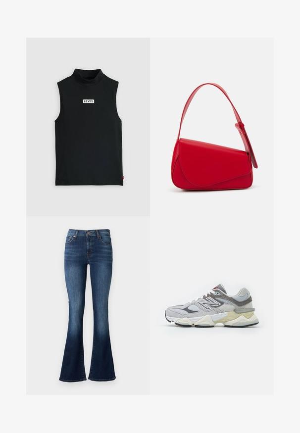 Must basse talu kaelusega, mis on valmistatud venivast kangast. Ees on keskne valge Levi's logo ruuduline plaastril, mille tekstuur on sile.; Sinised flared teksad, mis on valmistatud denimist. Omab kõrget vööd, viit taskut ja peent tuhmumist ääres. Kontrastne niit.; Hallus halli nahast ja võrgust tennisekott, millel on paks valge ja beež tald, silmapaistva valge logoga ja punaste aktsentdetailidega.; Punane nahast käekott, millel on nurkadega geomeetriline disain. Omab ühte reguleeritavat rihma ja klappidega sulgemist, millel on õmblustega kaunistused.