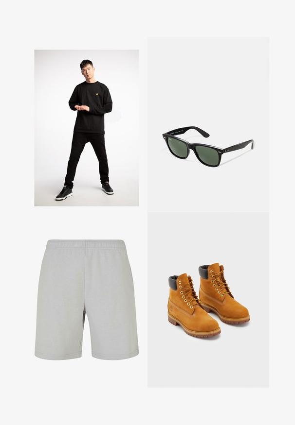 Black long-sleeve shirt featuring a small yellow logo, paired with black jeans and black sneakers, highlighted by white soles.; Light grey shorts made of soft cotton fabric, featuring an elastic waistband. The design is simple with stitched hems and no pockets.; Leather work boots in tan with black padded collar, gold eyelets, and brown rubber soles. Features contrasting stitching and a logo on the side.; Black plastic sunglasses with green lenses, square frames, silver accent on the brow, and textured temple arms. Stated brand on inner arm.
