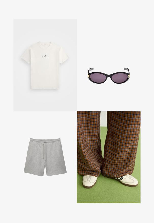T-shirt bianco in cotone con un logo ricamato nero di un giocatore di polo e il testo "Ralph Lauren" sul petto. Maniche corte, colletto tondo.; Pantaloni corti grigi in cotone con vita elastica e cordoncino, dotati di due tasche laterali e una finitura morbida e testurizzata.; Pantaloni a pieghe larghi a quadri marroni e blu abbinati a scarpe bianche con dettagli neri e suole testurizzate, posizionati su uno sfondo verde.; Occhiali da sole a forma di gatto neri con lenti viola. Presentano dettagli in oro vicino alle tempie. Montatura in plastica liscia con una finitura lucida.