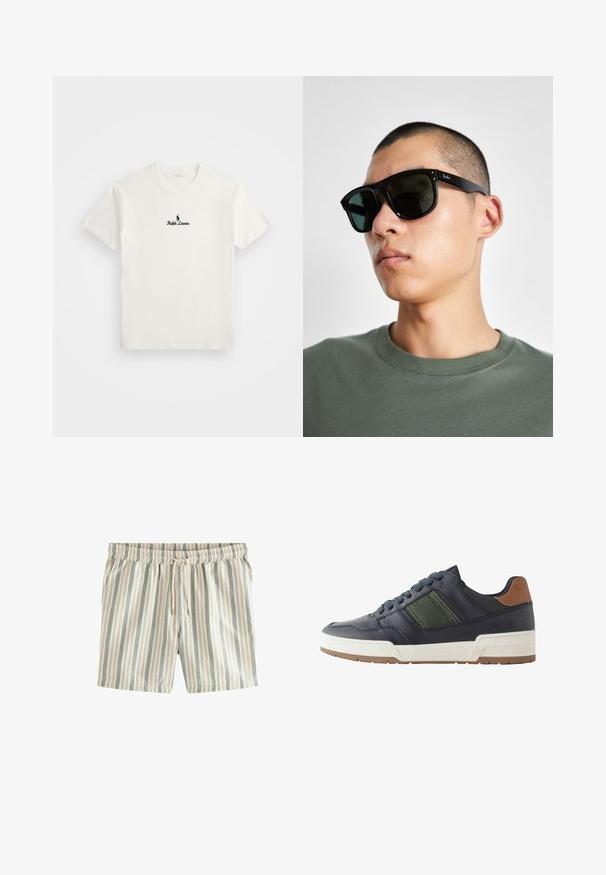Weißes Baumwoll-T-Shirt mit einem schwarzen, gestickten Logo eines Polo-Spielers und dem Text "Ralph Lauren" auf der Brust. Kurze Ärmel, Rundhalsausschnitt.; Gestreifte Shorts mit vertikalen Linien in hellbeige, blassblau und sanftem Grau. Elastischer Bund mit Kordelzug; leichtes Material.; Marineblaue Ledersneaker mit grünem Akzentstreifen, weißer Zwischensohle und braunem Fersenpatch. Verfügt über eine abgerundete Zehenpartie und eine strukturierte Gummisohle.; Schwarze rechteckige Sonnenbrille mit dunklen Gläsern, die eine markante Form und eine Markierung am Bügel aufweist. Getragen von einer Person in einem grünen Hemd.