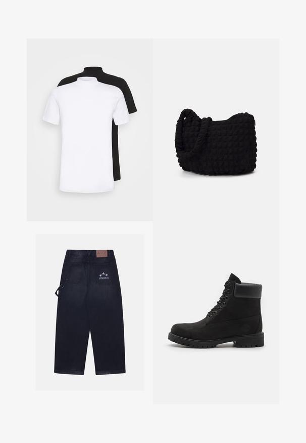 Due magliette a maniche corte, una bianca e una nera, con un design a collo alto realizzate in morbido cotone.; Pantaloni in denim scuro con vestibilità ampia. Presentano due tasche sul retro, un'etichetta in pelle con il logo e un design a cinque stelle su una tasca.; Stivale alla caviglia nero con lacci, colletto imbottito e suola robusta, mostrato in profilo su uno sfondo bianco.; Borsa in tessuto nero con un motivo trapuntato e texture. Forma arrotondata, manici corti e spessi, e una struttura morbida e flessibile.