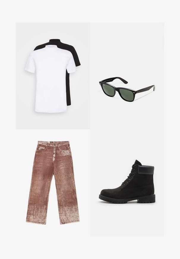 To korteærmede t-shirts, en hvid og en sort, med design med høj hals lavet af blødt bomuldsstof.; Brune denim jeans har et tekstureret, gradient design med lysere falming. Fire lommer og sølv hardware-detaljer er inkluderet.; Sorte snørebåndsstøvler til anklen med polstret krave og robust sål, vist i profil mod en hvid baggrund.; Sorte plastiksolkaber med grønne linser, firkantede stel, sølvaccent på brynene og teksturerede templede arme. Angivet mærke på den indre arm.