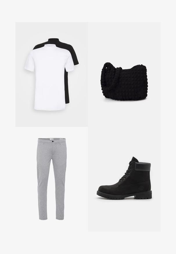 Zwei kurzärmlige T-Shirts, eines in Weiß und eines in Schwarz, mit einem hohen Halsausschnitt aus weichem Baumwollmaterial.; Graue Baumwollmischung-Hosen in Slim-Fit mit Reißverschluss, Knopfverschluss und Standardtaschen für Funktionalität.; Schwarze geschnürte Knöchelboots mit gepolstertem Kragen und robustem Profil, im Profil vor einem weißen Hintergrund dargestellt.; Schwarze Stofftasche mit einer strukturierten, gesteppten Oberfläche. Abgerundete Form, kurze, dicke Griffe und eine weiche, flexible Struktur.