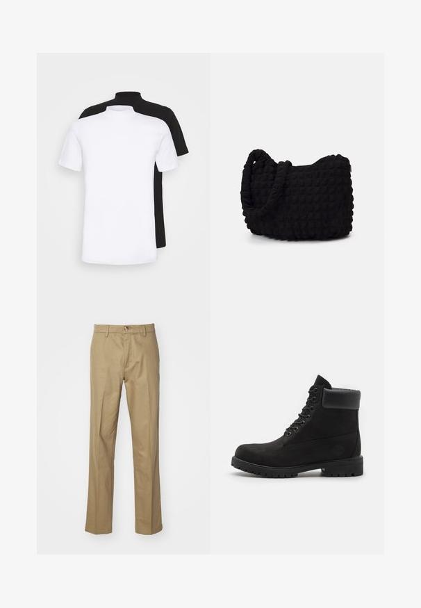 Twee kortemouw t-shirts, één wit en één zwart, met een hooghals ontwerp gemaakt van zachte katoen.; Beige broek gemaakt van gladde stof. Rechte pijpen met een knoopsluiting. Voorzien van riemlussen en een klassieke pasvorm voor veelzijdig draagcomfort.; Zwarte enkellaars met vetersluiting, voorzien van een gevoerde kraag en een robuuste zool, weergegeven in profiel tegen een witte achtergrond.; Zwarte stoffen tas met een gestructureerd, gewatteerd patroon. Rondvormig, korte, dikke handvatten en een zachte, flexibele structuur.