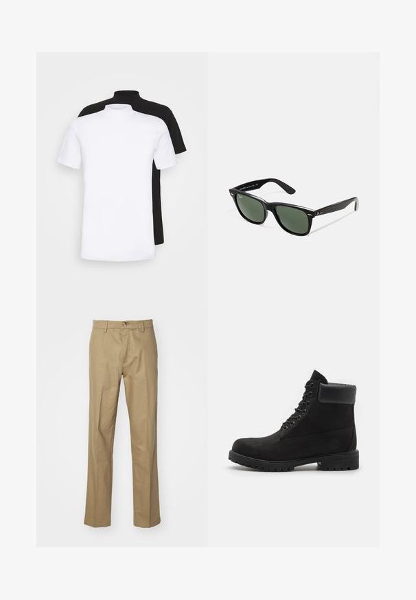 Dva majice s kratkim rukavima, jedna bijela i jedna crna, s visokim ovratnikom, izrađene od mekanog pamučnog materijala.; Bež hlače od glatkog materijala. Model ravnog kroja s kopčanjem na gumb. Imaju petlje za remen i klasičan kroj za univerzalnu prilagodbu.; Crne čizme s vezicama do gležnja, s podstavljenim ovratnikom i čvrstim potplatom, prikazane u profilu na bijeloj pozadini.; Crne plastične sunčane naočale s zelenim staklima, kvadratni okviri, srebrni naglasak na obrvi i teksturirane ručke. Naziv brenda naveden na unutrašnjoj strani ručke.