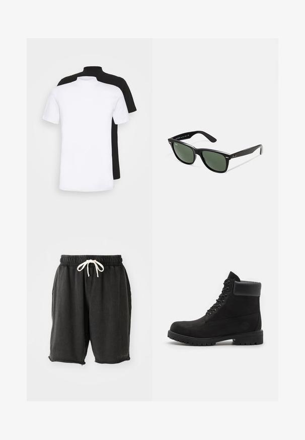 Dvě trička s krátkým rukávem, jedno bílé a druhé černé, s vysokým límcem vyrobená z měkké bavlny.; Černé bavlněné šortky s elastickým pasem a bílou šňůrkou. Obsahují boční kapsy a nedokončený lem s malými zipovými detaily.; Černé kotníkové boty na šněrování s polstrovaným límcem a robustní podrážkou, zobrazené v profilu na bílém pozadí.; Černé plastové sluneční brýle se zelenými skly, čtvercové obroučky, stříbrný detail na obočí a texturované stranice. Značka uvedená na vnitřní straně stranic.