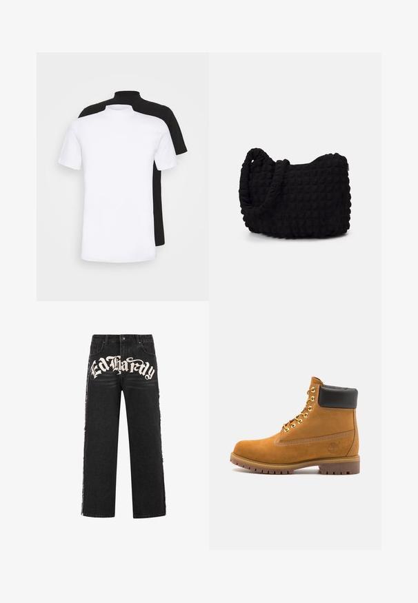 Two short-sleeve t-shirts, one white and one black, featuring a high neck design made from soft cotton material.; Black denim wide-leg jeans with distressed edges and prominent white "Ed Hardy" text on the front. Features a standard button closure.; Tan suede ankle boot with black padded collar, gold metal eyelets, white stitching detailing, and rugged rubber sole with pronounced treads.; Black fabric bag with a textured, quilted pattern. Rounded shape, short, thick handles, and a soft, flexible structure.