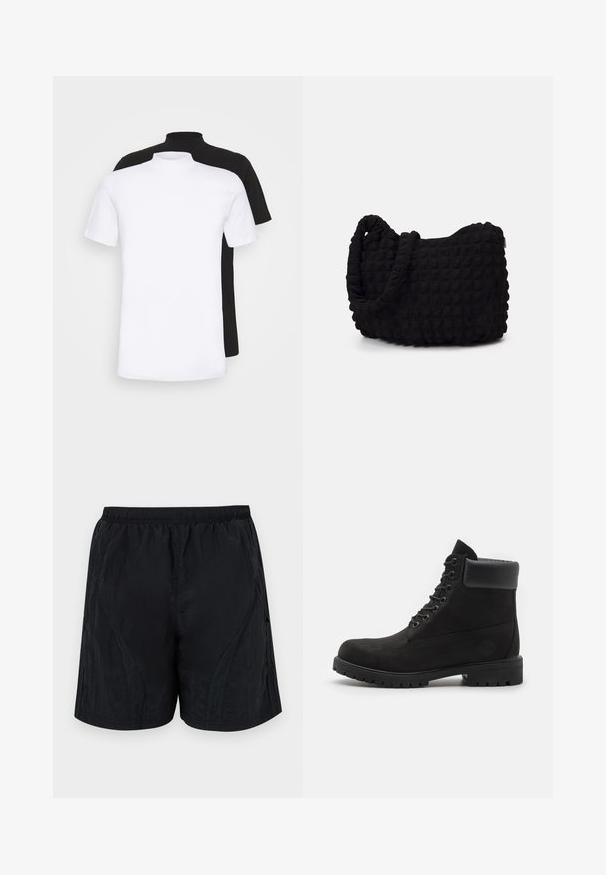 Dvě trička s krátkým rukávem, jedno bílé a druhé černé, s vysokým límcem vyrobená z měkké bavlny.; Černé šortky vyrobené z lehké, strukturované látky, s elastickým pasem a bočními panely pro štíhlý vzhled.; Černé kotníkové boty na šněrování s polstrovaným límcem a robustní podrážkou, zobrazené v profilu na bílém pozadí.; Černá látková taška s texturovaným, prošívaným vzorem. Zaoblený tvar, krátké, silné uchy a měkká, flexibilní struktura.