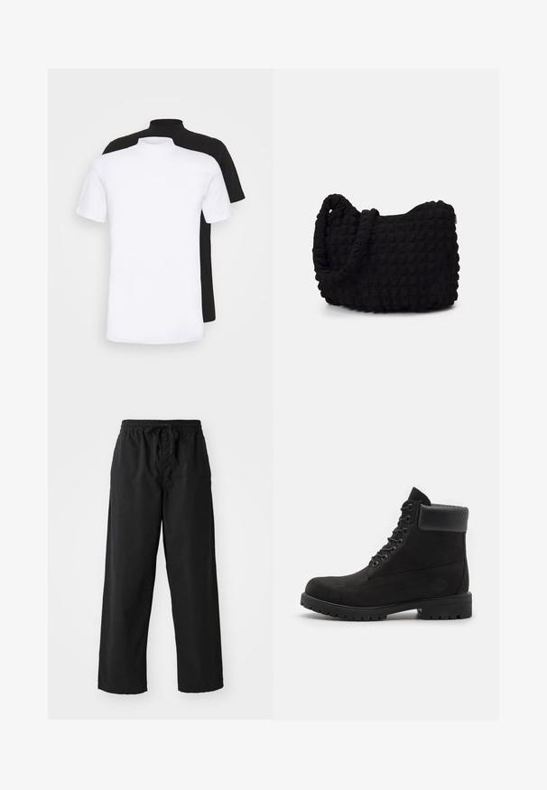 Two short-sleeve t-shirts, one white and one black, featuring a high neck design made from soft cotton material.; Black wide-leg pants made of soft fabric with an elastic waistband and adjustable drawstring, featuring a smooth texture and no visible patterns.; Black lace-up ankle boot with padded collar and rugged sole, shown in profile against a white background.; Black fabric bag with a textured, quilted pattern. Rounded shape, short, thick handles, and a soft, flexible structure.