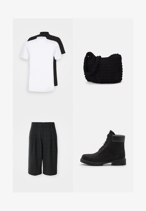Deux t-shirts à manches courtes, un blanc et un noir, avec un design à col haut, fabriqués en coton doux.; Shorts taillés gris foncé, longueur genou, avec un subtil motif à carreaux et des passants de ceinture sur un fond blanc uni.; Bottine noire à lacets avec col rembourré et semelle robuste, présentée de profil sur fond blanc.; Sac en tissu noir avec un motif texturé et matelassé. Forme arrondie, poignées courtes et épaisses, et structure souple et flexible.