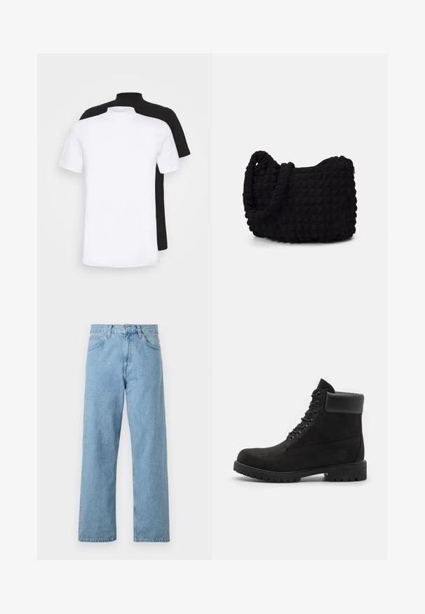 Kaksi lyhythihaista t-paitaa, yksi valkoinen ja yksi musta, joissa on korkea kaula-aukko ja ne on valmistettu pehmeästä puuvillamateriaalista.; Vaaleansiniset denim-farkut suoranlahkeisella muotoilulla, viisi taskua, napitus ja vetoketjusuljenta sekä hieman haalistunut viimeistely.; Mustat nauhalla kiinnitettävät nilkkurit, joissa on pehmustettu kaulus ja jämäkkä pohja, esitettynä profiloituna valkoista taustaa vasten.; Musta kangaspussi, jossa on teksturoitu, tikkikuvio. Pyöreä muoto, lyhyet, paksut kahvat ja pehmeä, joustava rakenne.