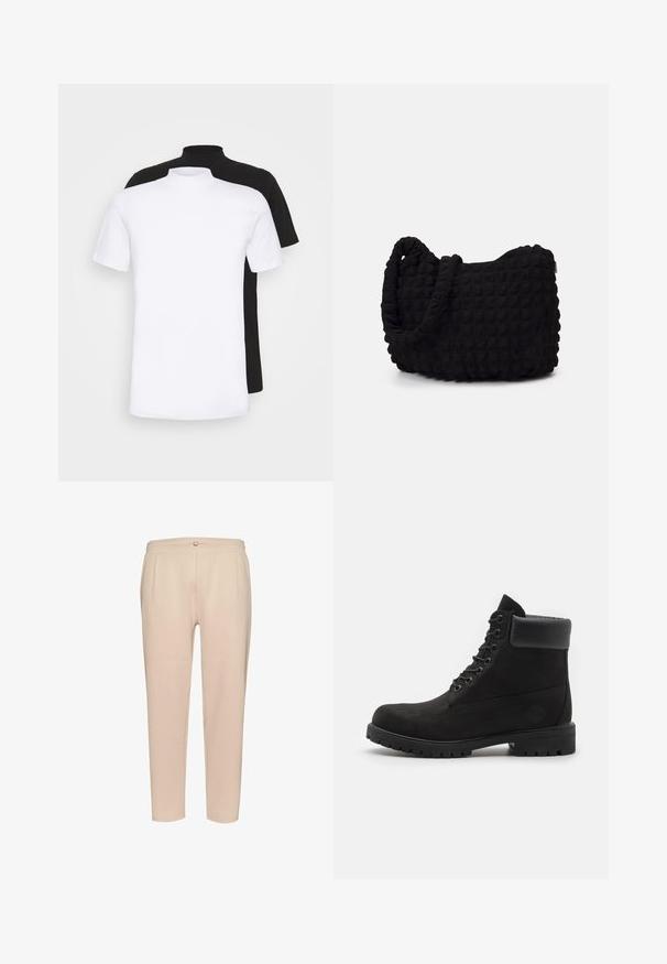 Dva majice s kratkim rukavima, jedna bijela i jedna crna, s visokim ovratnikom, izrađene od mekanog pamučnog materijala.; Bež hlače od rebrastog materijala s uskim strukom, koje imaju prednje nabore, malu kopču i sužene nogavice. Meka tekstura.; Crne čizme s vezicama do gležnja, s podstavljenim ovratnikom i čvrstim potplatom, prikazane u profilu na bijeloj pozadini.; Crna platnena torba s teksturiranim, kviltanim uzorkom. Okrugli oblik, kratke, debele ručke i meka, fleksibilna struktura.