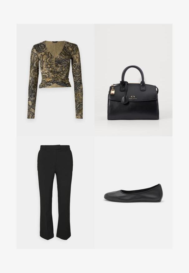 Langermet crop top i slangeprint, med dyp V-hals, rynkedetalj foran, og et mykt, teksturert stoff i grønne og svarte toner.; Svarte skreddersydde bukser med rett ben-design, som har beltehemper og sidelommer. Laget av glatt stoff med en ren finish.; Svart skinnballettflatt med rund tå, glatt tekstur, minimal sømdetalj, og et fleksibelt såledesign.; Svart skinnveske med en strukturert form, gullfargede detaljer og en låsefunksjon. Har doble bærehåndtak og preget merkevare på forsiden.