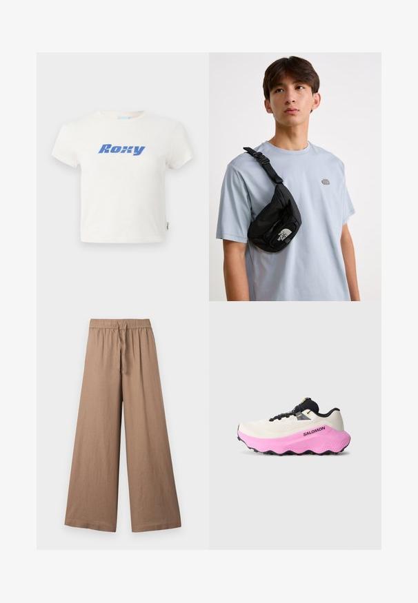 Hvit bomull T-skjorte med rund hals, med et stort blått "Roxy"-logo trykket over brystet. Korte ermer, vanlig passform.; Bredde ben bukser i et lysebrunt stoff, med elastisk belte med snor og en glatt, teksturert overflate.; Salomon løpesko med en lys kremfarget overdel, svarte detaljer og en tykk rosa mellomsåle. Har teksturert gripe-såle og snøringsdesign.; Svart nylon crossover-bag med justerbar stropp, med en fremtredende hvit logo. Bært over en lyseblå t-skjorte. Enkelt, funksjonelt design.