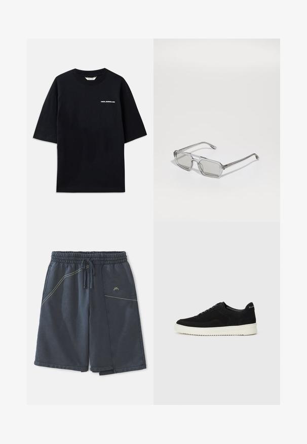 Must musta T-särk lühikeste varrukatega, ümmarguse kaelusega ja ees väikese valge "HOLZWEILER" logoga, omades lõdva lõiget.; Tumedate hallid puuvillasegustest lühikesed püksid, millel on elastne vöökoht, tõmblukk, küljetaskud ja kollased õmbluse aktsendid.; Mustad suede jooksujalatsid, millel on paelad ja kontrastne valge kummitald. Omab tekstuuriga külgpaneele ja tagasihoidlikku brändimist kandadel.; Emporio Armani Päikeseprillid - shiny transparent grey