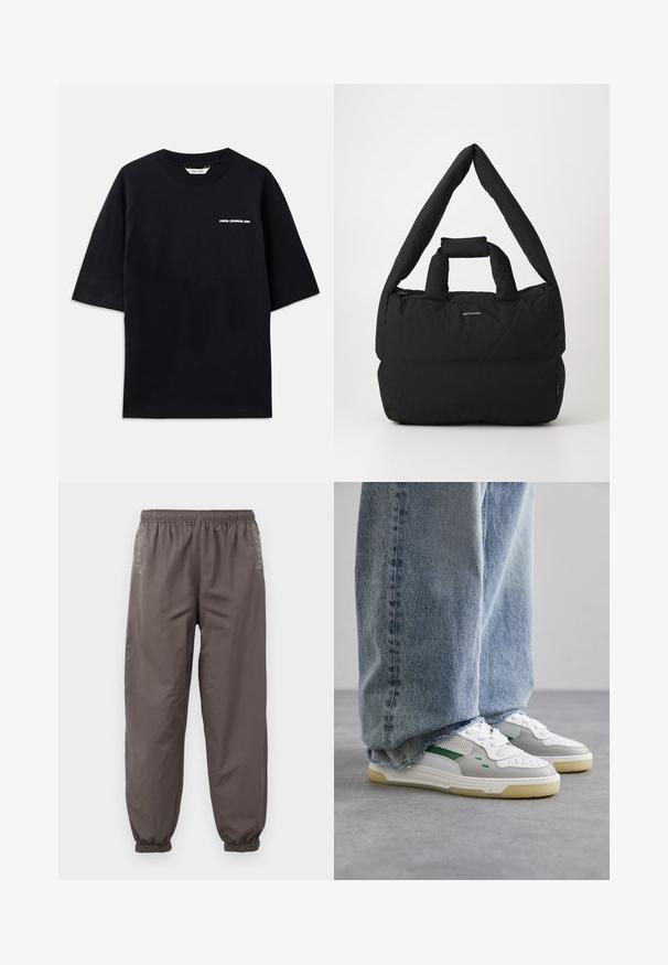 Camiseta de algodón negra, de manga corta, con cuello redondo y un pequeño logo blanco "HOLZWEILER" en la parte frontal, con un corte holgado.; Pantalones oscuros de color gris, con cintura elástica y corte relajado. Presentan puños fruncidos y un bordado sutil en los lados. Tejido ligero.; Zapatillas blancas y grises con detalles verdes, que cuentan con un upper de malla y suela de goma, combinadas con unos vaqueros de denim azul con dobladillos deshilachados.; Bolsa acolchada negra con una amplia y suave correa para el hombro y un asa en la parte superior. Presenta un cierre con cremallera y un logo sutil en la parte frontal.