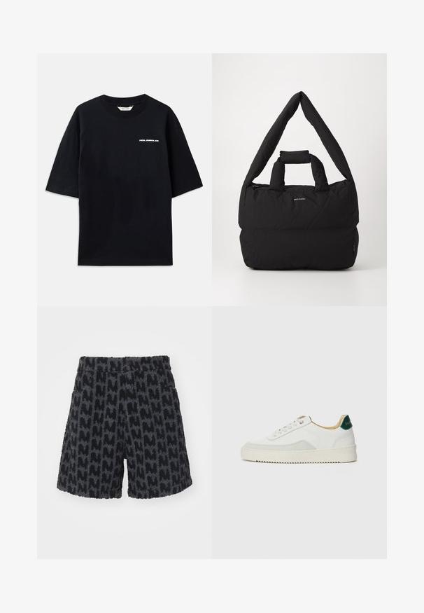 T-shirt en coton noir à manches courtes, col rond, avec un petit logo "HOLZWEILER" blanc sur le devant, offrant une coupe ample.; Shorts flous noirs et gris avec un motif texturé évoquant la lettre "M". Ils possèdent une taille avec un bouton et des poches latérales.; Baskets blanches avec des accents en daim, bout arrondi, lacets plats et semelle en caoutchouc crème. Présente une marque verte sur le talon.; Sac rembourré noir avec une large bandoulière douce et une poignée supérieure. Comprend une fermeture à glissière et un logo discret à l'avant.