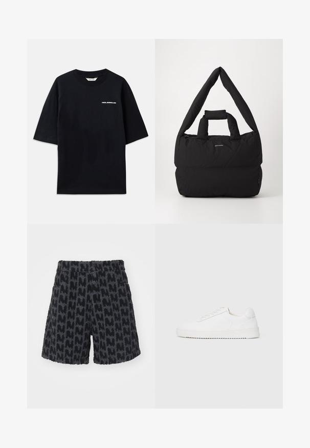 T-shirt en coton noir à manches courtes, col rond, avec un petit logo "HOLZWEILER" blanc sur le devant, offrant une coupe ample.; Shorts flous noirs et gris avec un motif texturé évoquant la lettre "M". Ils possèdent une taille avec un bouton et des poches latérales.; Sneaker blanc avec une tige en cuir lisse, bout rond, lacets, accents latéraux texturés et une épaisse semelle en caoutchouc. Design minimaliste.; Sac rembourré noir avec une large bandoulière douce et une poignée supérieure. Comprend une fermeture à glissière et un logo discret à l'avant.
