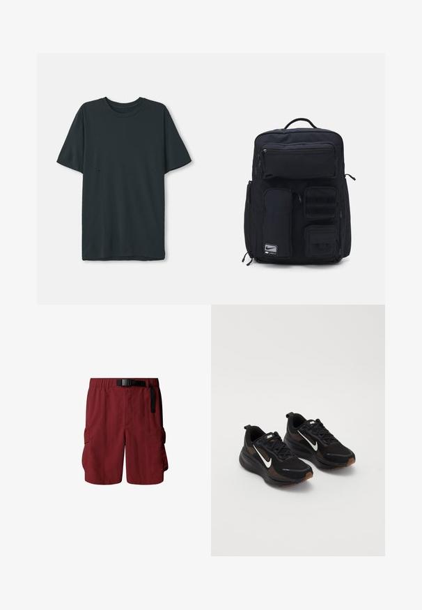 Czarna szara koszulka z krótkim rękawem, wykonana z miękkiego materiału, z okrągłym dekoltem, z delikatnymi poziomymi wycięciami po bokach.; Bordowe szorty cargo z elastycznym pasem i regulowanym paskiem. Posiadają dwie boczne kieszenie do przechowywania. Wykonane z lekkiego materiału.; Czarne buty sportowe z oddychającą siateczką, biały znak Nike, teksturowana podeszwa oraz kontrastujące brązowe akcenty. Zawierają wzmocniony obcas.; Czarna plecak wykonany z trwałego materiału. Posiada wiele kieszeni na zamek, w tym przednią komorę oraz obszary z rzepem do przymocowania dodatków.