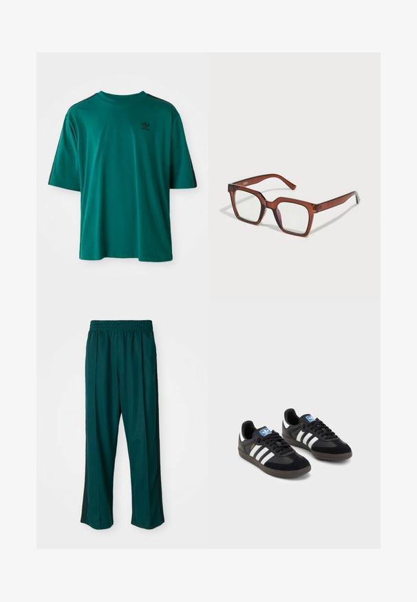 T-shirt de algodão verde-água com mangas curtas, decote redondo e riscas laterais pretas. Apresenta um pequeno logo preto no peito.; Calças de desporto verde-escuras com uma cintura elástica, design de perna reta e riscas pretas de lado. Feitas de um tecido macio e elástico.; Sneakers pretos com parte superior em camurça e sintético, apresentando três riscas brancas, sola de borracha texturizada e etiqueta azul no linguete.; Óculos retangulares oversized castanhos com lentes transparentes e uma ligeira tonalidade rosa na lente direita. Armação em plástico com textura suave.