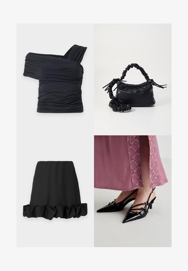 Čierny top bez ramienok vyrobený z jemného, elastického materiálu, s nariasenými detailmi a širokým dizajnom ramienka na jednej strane.; Čierna sukňa s volánom na leme, vyrobená z ľahkého materiálu. Má elastický pás pre pohodlné nosenie. Jednoduchý a všestranný dizajn.; Čierne lakované kožené opätky na slingback s špicatými prstami, ktoré majú niekoľko tenkých pásikov a zlaté sponové detaily.; Čierna umelá kožená kabelka s kroko vzorom, sťahovaným vrchom a zhnutým popruhom. Vyzerá mäkko a kompaktné v dizajne.