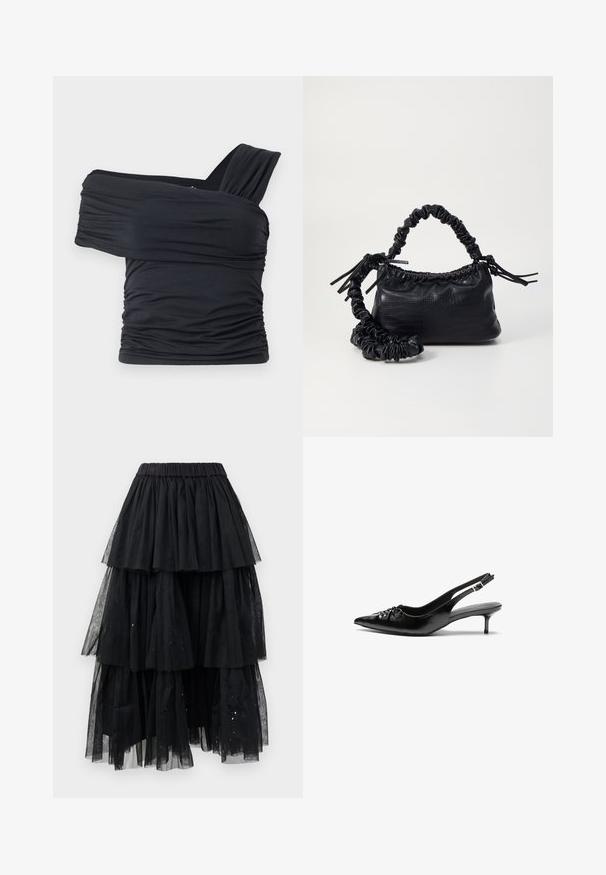 Čierny top bez ramienok vyrobený z jemného, elastického materiálu, s nariasenými detailmi a širokým dizajnom ramienka na jednej strane.; Viacvrstvá čierna tylová sukňa s elastickým pásom a kaskádovým dizajnom s rôznymi dĺžkami a jemnými trblietkami.; Čierne kožené slingback podpätky s ostrou špičkou, malým podpatkom a dekoratívnym uzlom vpredu. Hladký povrch po celom obvode.; Čierna umelá kožená kabelka s kroko vzorom, sťahovaným vrchom a zhnutým popruhom. Vyzerá mäkko a kompaktné v dizajne.