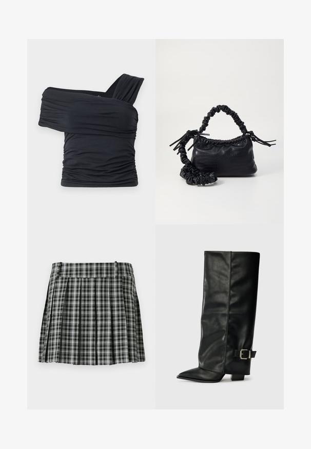 Musta olkaimeton toppi, joka on valmistettu pehmeästä ja venyvästä kankaasta, jossa on rypytysdetaljeja ja leveä olkaintyyli yhdellä puolella.; Mustavalkoinen ruudullinen liehukehame, jossa on sileä vyötäröosa ja useita pystysuoria poimuja. Valmistettu kevyestä kankaasta.; Musta nahkasaappaat nilkkapituudella, teräväkärkiset, sileällä pinnalla ja hopeisella soljella sivussa. Tukeva neliönmallinen korko.; Must-have mustekahvi nahkalaukku krokotiiliaistalla, kiristetty yläosa ja rypistetty hihna. Näyttää pehmeältä ja kompaktilta muotoilultaan.