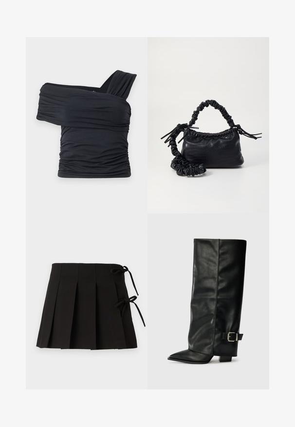 Fekete, vállnélküli felső, puha, rugalmas anyagból, fodros részletekkel és egyoldali széles pánttal.; Fekete plissé szoknya oldalsó megkötőkkel, sima textúrájú anyagból készült; strukturált dizájnnal és tiszta vonalakkal rendelkezik.; Fekete bőr bokáig érő csizmák hegyes orral, sima felülettel és ezüst csattal az oldalon. Tömbös négyzet alakú sarok.; Fekete műbőr kézi táska krokodil bőr textúrával, összehúzható tetejű és gyűrt pánttal. Lágy és kompakt dizájnúnak tűnik.