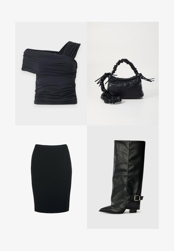 Top noir à épaules dénudées en tissu doux et extensible, présentant des détails froncés et une conception de large bretelle d'un côté.; Jupe crayon noire avec une silhouette ajustée, fabriquée à partir d'un tissu lisse et extensible. Elle présente une taille mi-haute et un design arrivée au genou.; Bottes noires en cuir longueur cheville avec un bout pointu, texture lisse et une accent en boucle argentée sur le côté. Talon carré épais.; Sac à main en simili cuir noir avec une texture crocodile, un dessus resserré et une sangle froncée. A l'apparence douce et compacte.