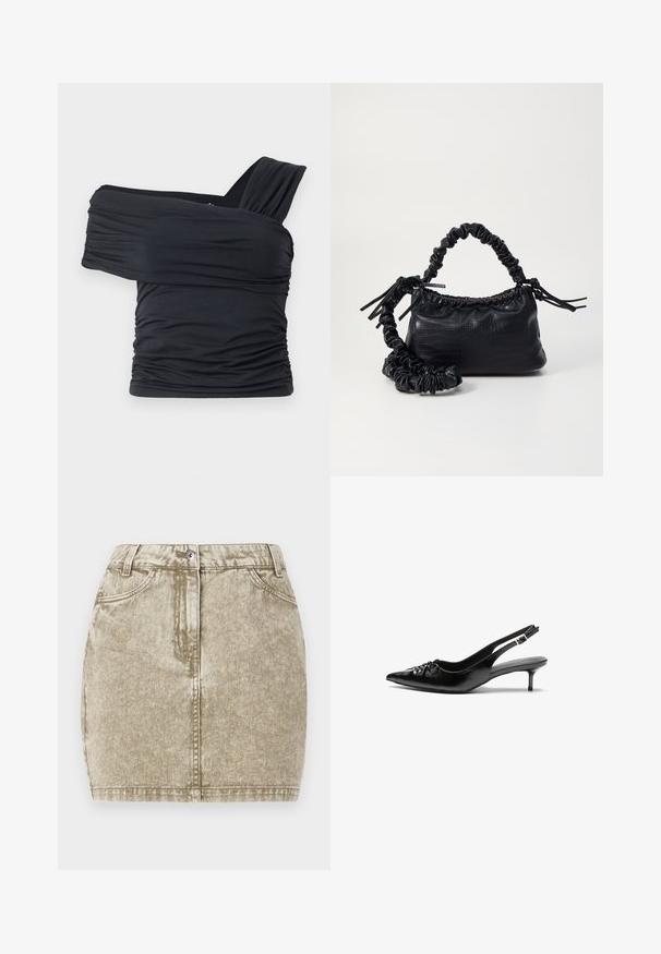 Juodas viršus be petnešų, pagamintas iš minkšto, elastingo audinio, su raukšlėtomis detalėmis ir plačios petnešos dizainu vienoje pusėje.; Chaki džinsinė sijonas su tekstūruotu paviršiumi, penkiomis kišenėmis, priekyje esančiu mygtukų uždarymu ir siuvinėtomis detalėmis aplink kraštus.; Juodi odiniai aukštakulniai su dirželiais, smailia nosimi, žemu katinėlio kulniuku ir susitraukiančia detale ant bato viršaus. Lygi tekstūra ir minimalistinis dizainas.; Juodas dirbtinės odos rankinė su krokodilo tekstūra, sušnibždinta viršuje ir susikraipytu dirželiu. Atrodo minkšta ir kompaktiška.