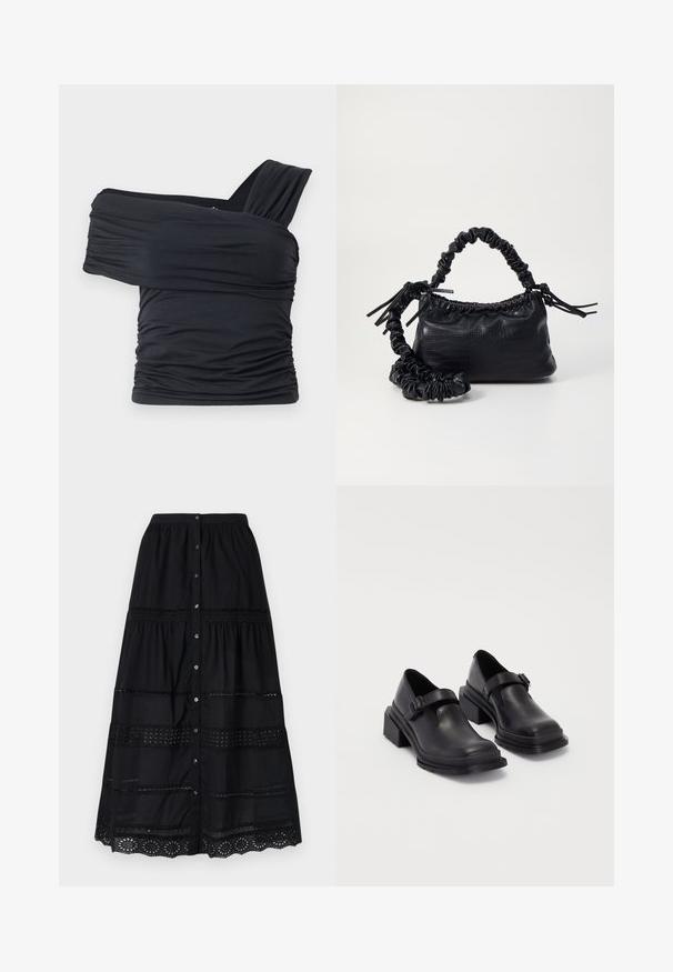 Schwarzes Off-Shoulder-Top aus weichem, elastischem Stoff, mit Rüschendetails und einem breiten Trägerdesign auf einer Seite.; Schwarzer, knopfverschlossener Rock mit gestuftem Design, verziert mit Spitzenbesatz und strukturiertem Stoff. Enthält silberne Knöpfe entlang der Vorderseite.; Schwarze Lederhalbschuhe mit runder Zehenpartie, flacher Sohle und einem Riemen mit Schnallen-Detail. Robuster Blockabsatz für zusätzliche Stabilität.; Schwarze Handtasche aus Kunstleder mit Krokodilstruktur, gerafftem oberen Teil und einem geschoppten Tragegurt. Sie wirkt weich und kompakt im Design.