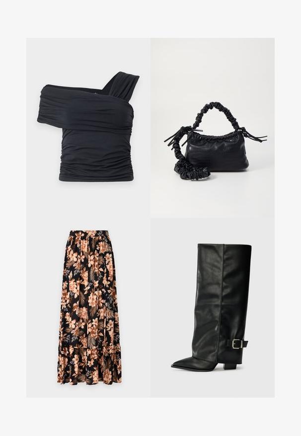 Top nero senza spalline realizzato in tessuto morbido e elasticizzato, con dettagli arricciati e un design con fascia larga su un lato.; Gonna maxi nera con fiori pesco e crema e foglie verdi. Presenta una vita arricciata e un orlo a volant per un tocco di texture in più.; Stivali neri in pelle fino alla caviglia con punta affusolata, texture liscia e una fibbia argentata accento sul lato. Tacco quadrato spesso.; Borsa a tracolla in ecopelle nera con texture a coccodrillo, apertura cinchata e tracolla arricciata. Si presenta con un design morbido e compatto.